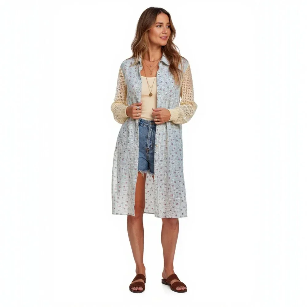Pol longline printed lace‎ crochet sleeve jacket zips up back buttons front NWOT